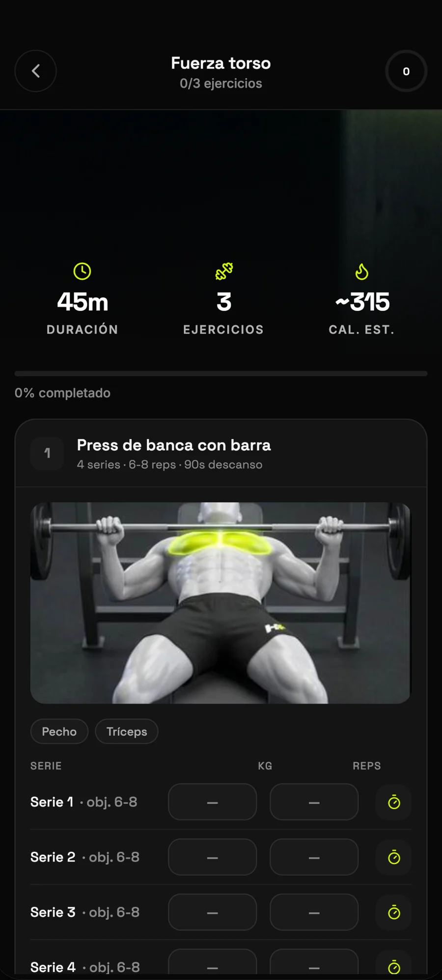 Pantalla de sesión: press de banca con el maniquí y el pecho resaltado en lima, y registro serie a serie