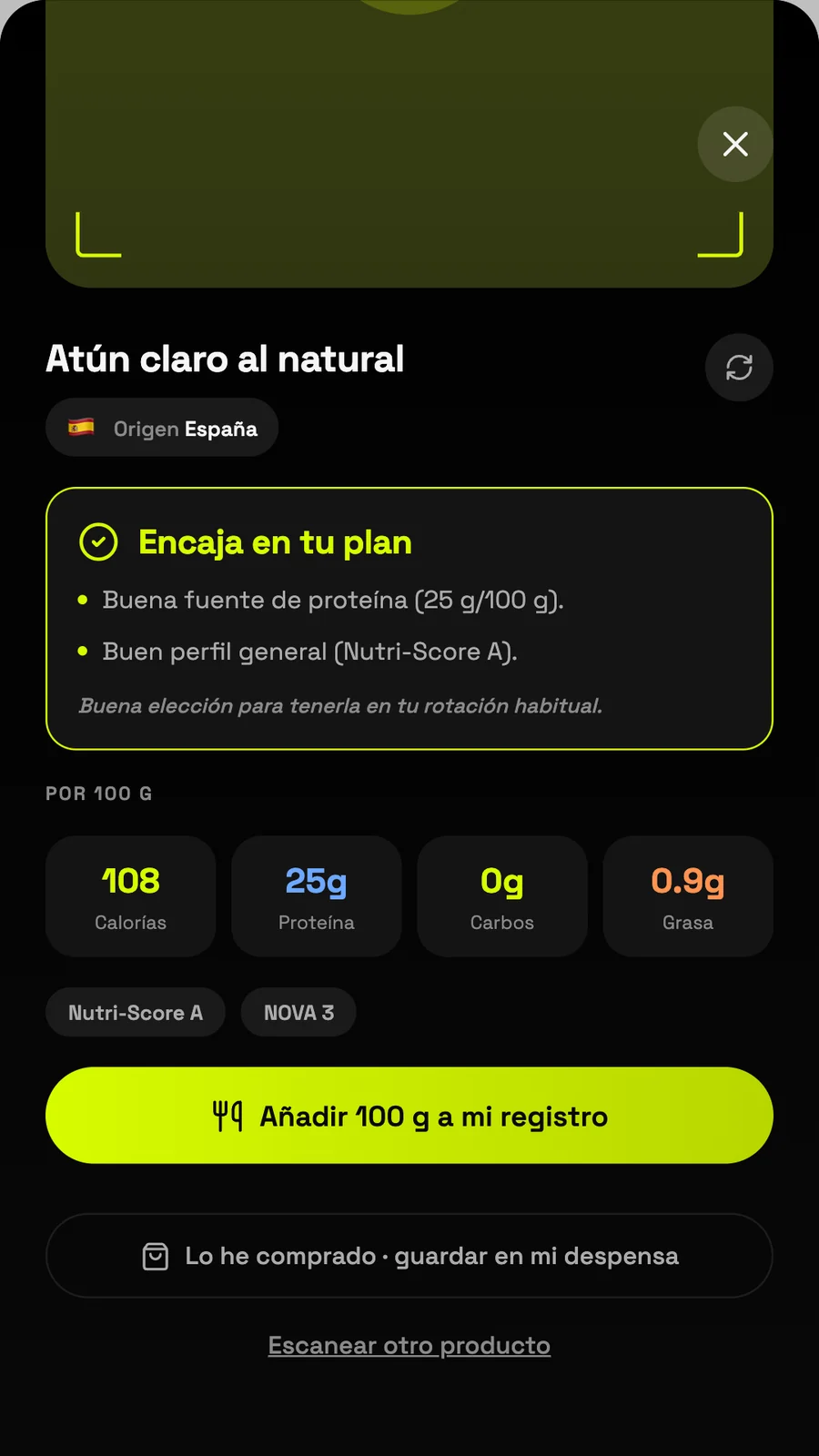 Pantalla del escáner: atún claro al natural, encaja en tu plan, con los macros por 100 g