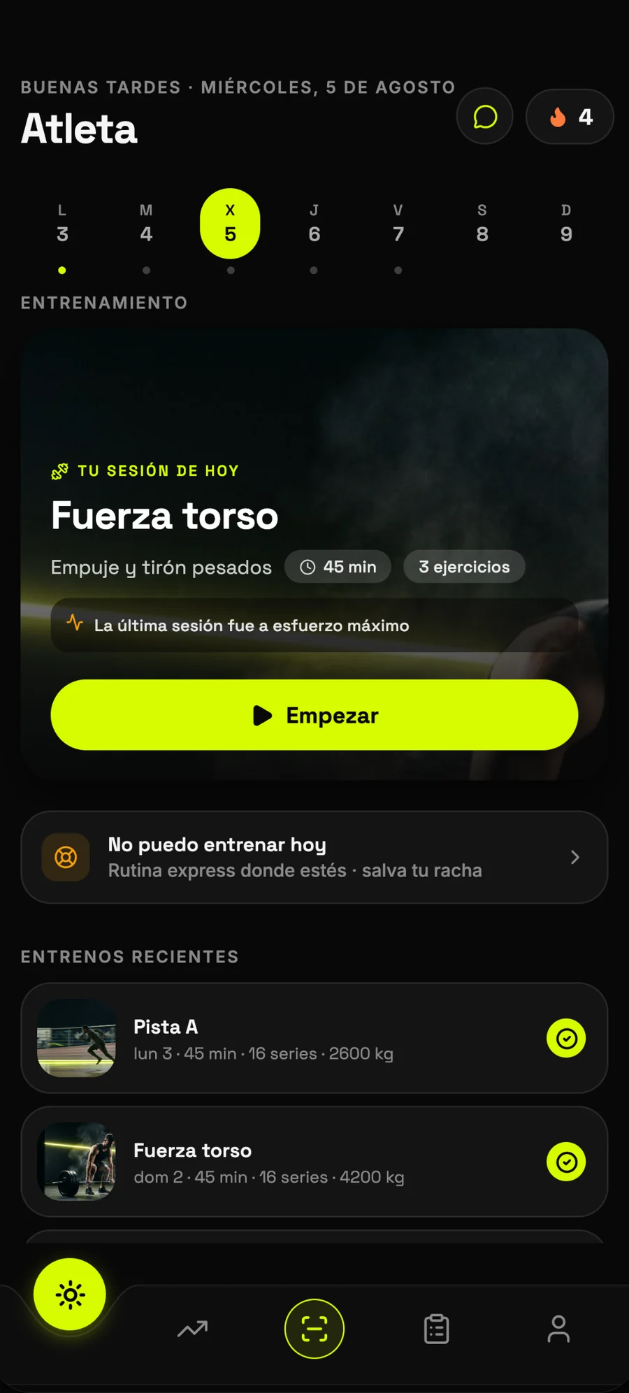 Pantalla Hoy de Human Plus: tu sesión de hoy, Fuerza torso, con el aviso «La última sesión fue a esfuerzo máximo» y el botón Empezar.
