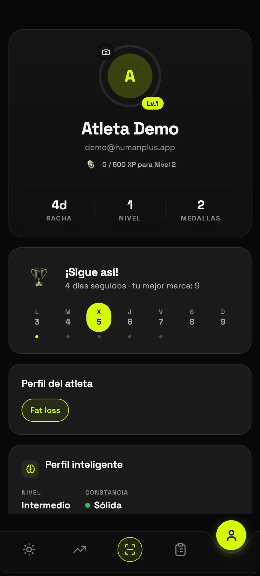 Perfil del atleta: racha de 4 días, nivel y medallas
