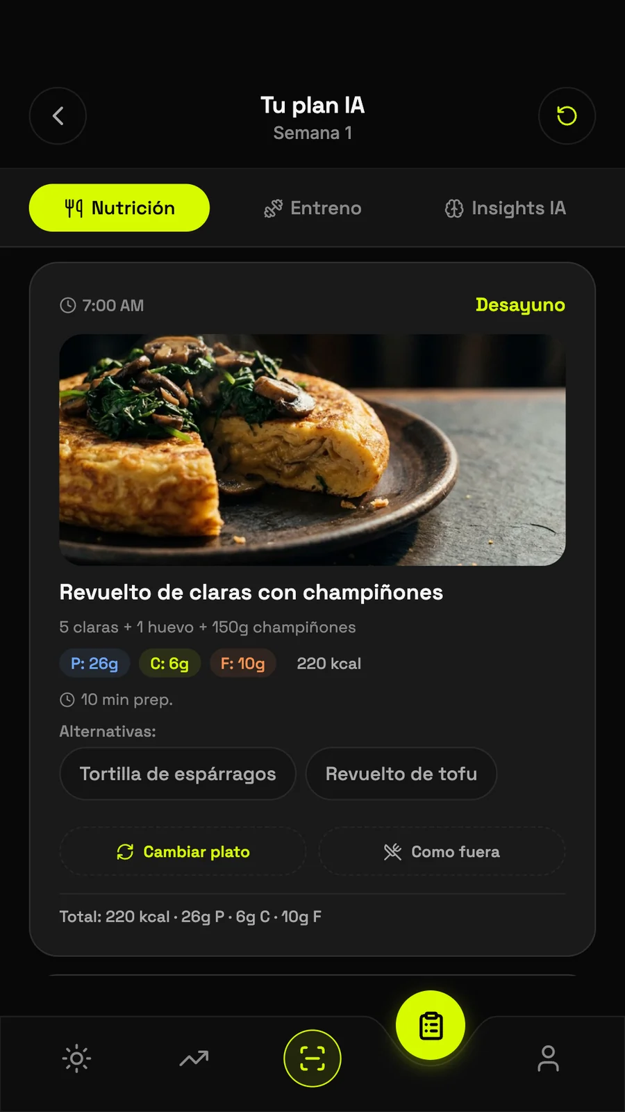 Pantalla Tu plan IA, nutrición: desayuno con macros, alternativas, cambiar plato y como fuera